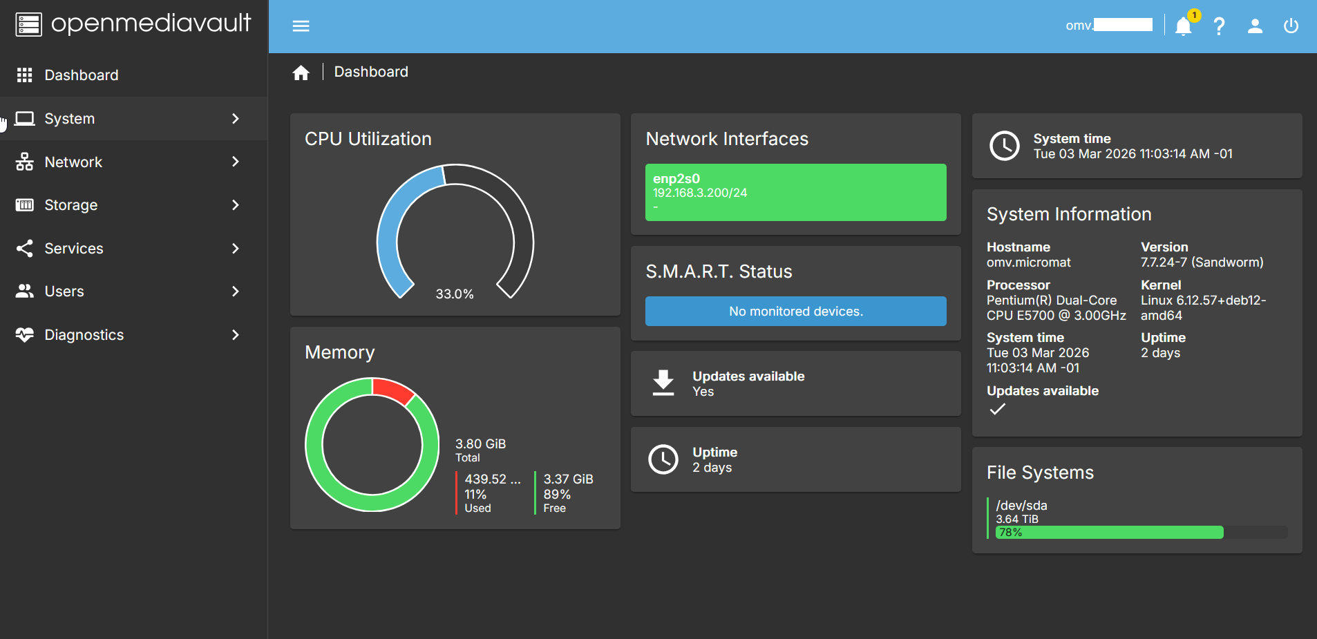 Openmediavault dashboard